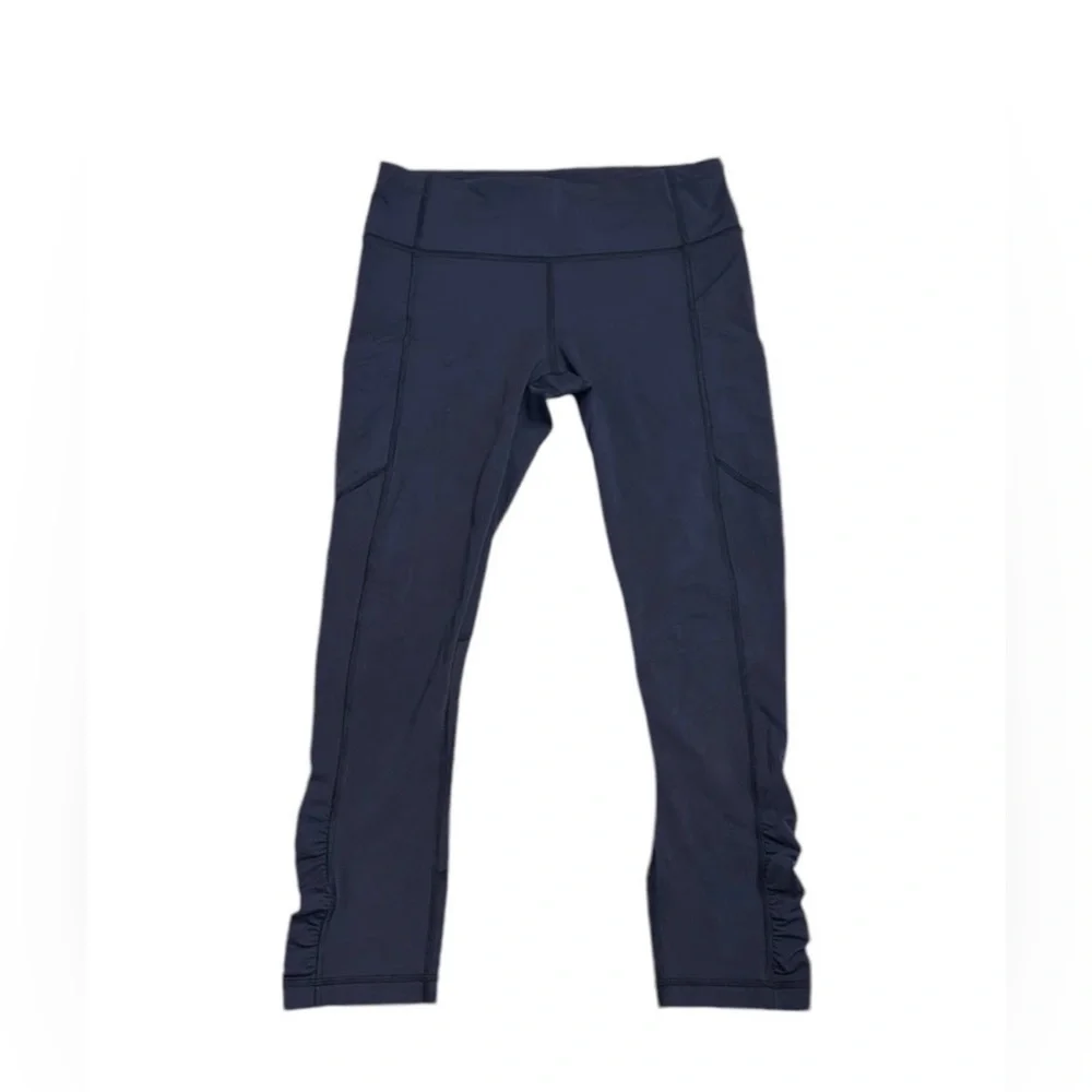 Lululemon Pace Rival Navy Blue‎ Leggings With Ruching at Ankles Side Pockets 6